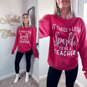 Teacher sparkle Next Level apparel red long sleeve shirt size large